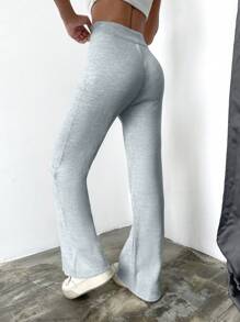 EURMUSE Pantaloni lungi simpli casual, cravată în față, culoare uni - Gri deschis - Vizualizare 2