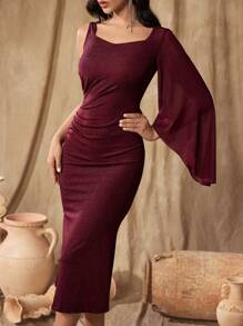 SHEIN Belle Burgundy Red Women's One Shoulder Flared Sleeve Glitter Fitted Elegant Ball Gown,Semi Formal Prom Dress For Birthday,Wedding Guest,Homecoming - Burgundy - View 6