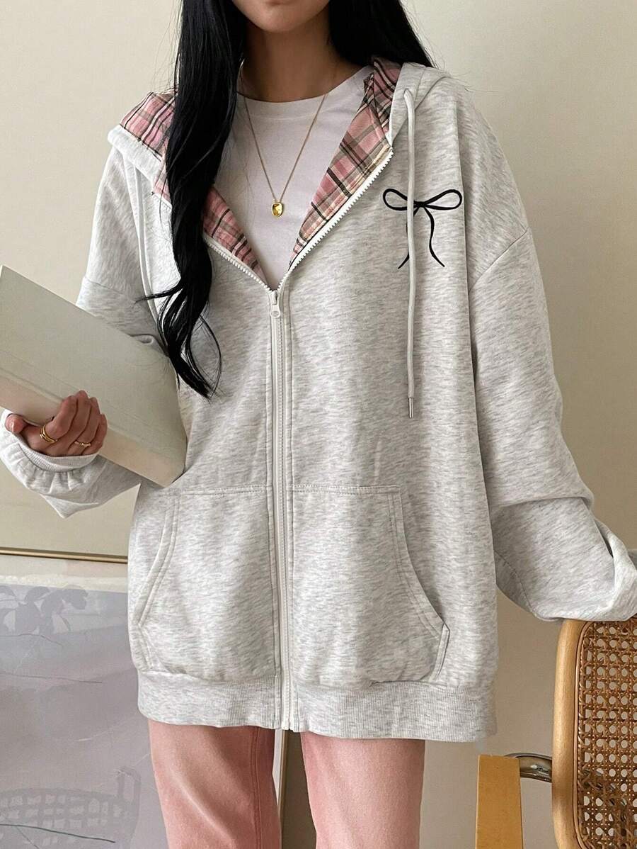 DAZY Women's Loose Plaid Patchwork Lined Hoodie Sweatshirt,Fall Women Clothes Jacket Zip Up - Grey - View 1