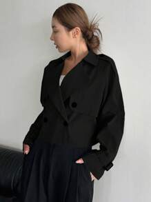 DAZY Women Casual Solid Color Double-Breasted Short Trench Coat,Fall Clothes Jacket - Black - View 2