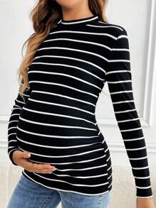 SHEIN Áo thun cổ tròn dài tay dành cho bà bầu trang bị áo thun thoải mái hợp thời trang - màu đen - Xem 4