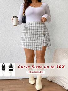 SHEIN CURVE+ Plus Size Women's High Waist Faux Button Plaid Asymmetrical Hem Tweed Skirt