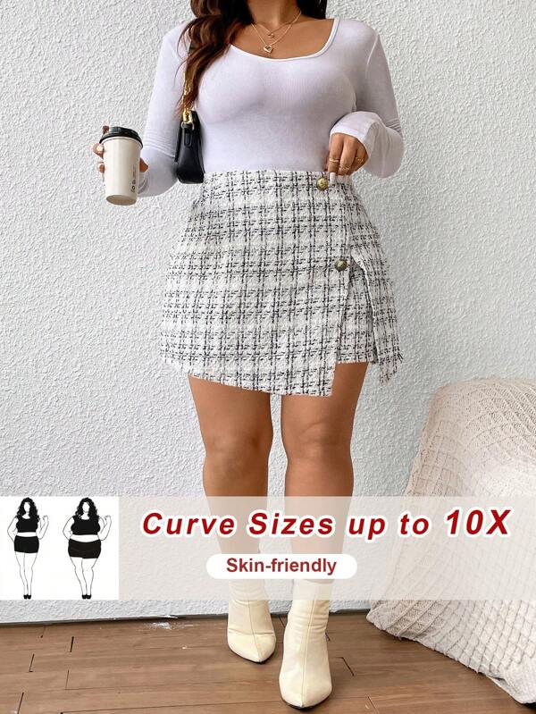 SHEIN CURVE+ Plus Size Women's High Waist Faux Button Plaid Asymmetrical Hem Tweed Skirt