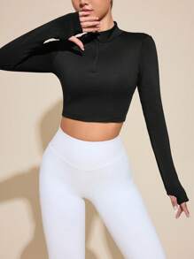 SHEIN Sports Yoga Basic Solid Fleece Warm Half-Zip Short Sports Sweatshirt With Thumb Hole - Black - View 4