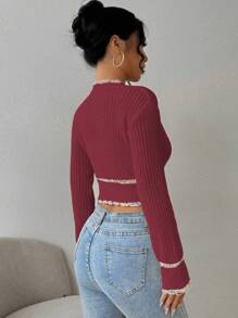 Chiquease Women's Colorblock Cropped Long Sleeve Elegant Cardigan Sweater, Autumn/Winter - Burgundy - View 2