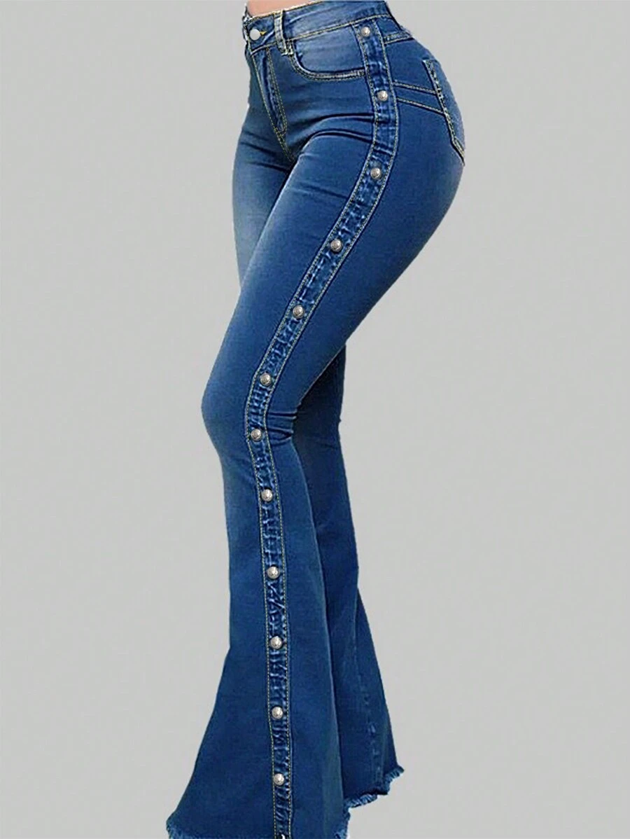 Jeans acampanados de tiro alto y efecto lavado para mujer, estilo casual de primavera - Azul lavado oscuro - Ver 1