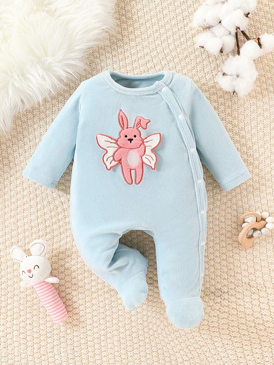 SHEIN Baby Girls Mint Green Romper Baby Girls Cute Angel Bunny Knitted Soft & Comfy Long Sleeve Jumpsuit Pajamas - Mint Green - View 1