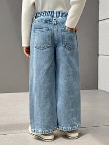 SHEIN Explorewe Young Girls New All-Match Versatile Washed Butterfly Print Straight Leg Wide Jeans - Light Wash - View 2