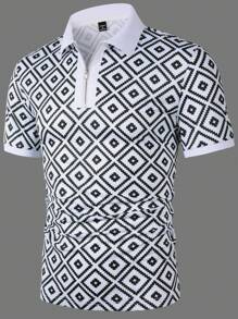 Manfinity Homme 夏季男士休闲几何印花 Polo 衫 - 黑色 - 查看 7