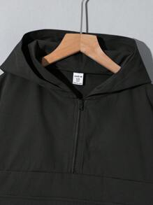 SHEIN 儿童/青少年男童休闲连帽半拉链口袋宽松套头夹克，纯色中等重量，适合日常休闲、旅行、运动、春夏/秋冬 - 黑色 - 查看 3