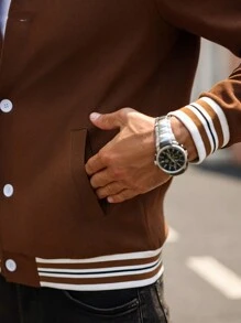 Manfinity Homme Men's Baseball Collar Button Long Sleeve Striped Design Slim Fit Street Style Jacket - Coffee Brown - View 6