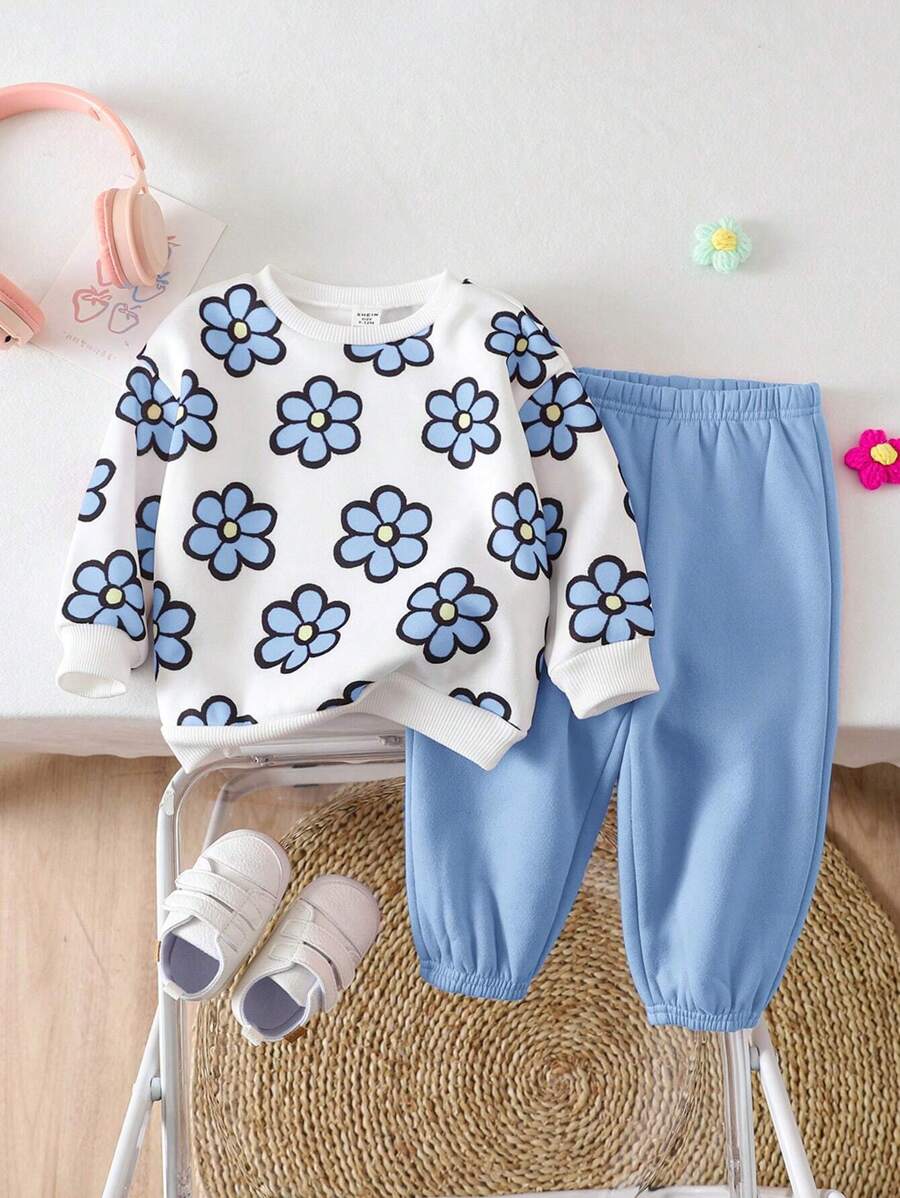 SHEIN 2pcs/Set Baby Girl Autumn/Winter Outdoor Casual Pink Knitted Floral Hoodie & Sweatpants Set, Suitable For Outdoor, Party & Other Occasions