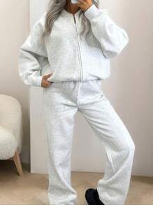 INAWLY Solva 2pcs Women Pilot Baseball Jacket And Pants Set Fall Cloth For Women - Light Grey - View 1