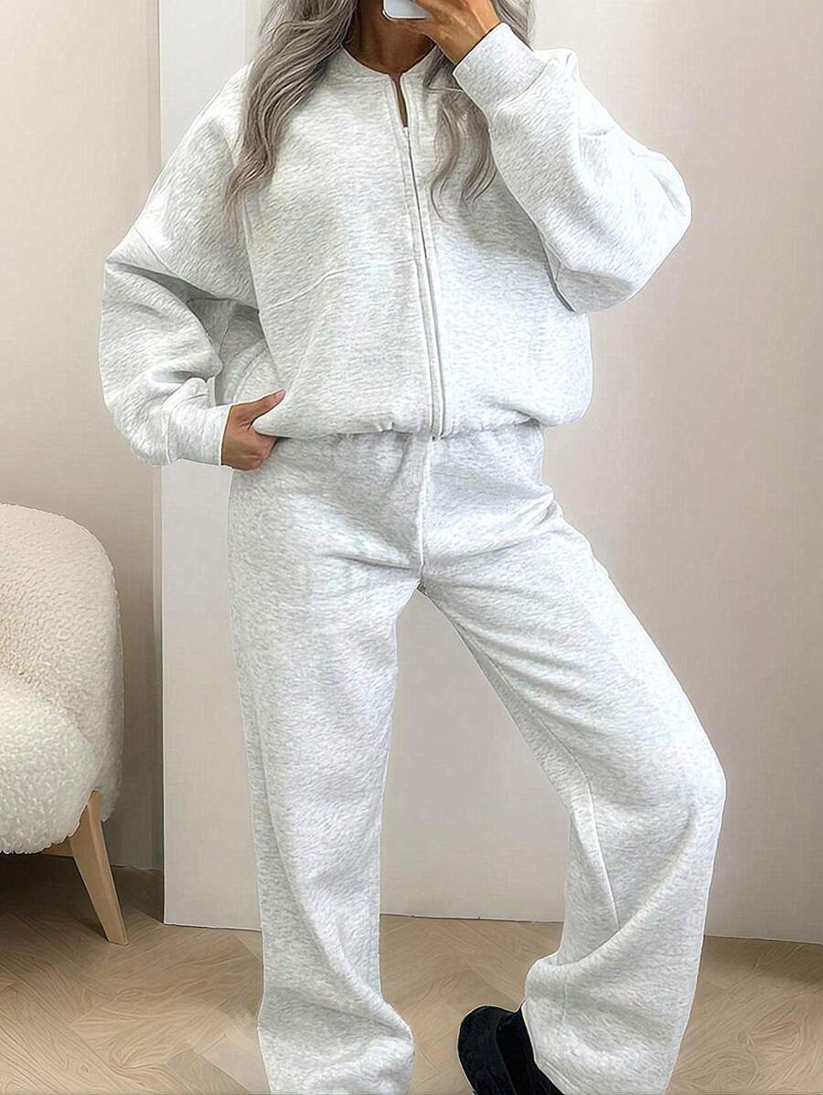 INAWLY Solva 2pcs Women Pilot Baseball Jacket And Pants Set Fall Cloth For Women - Light Grey - View 1