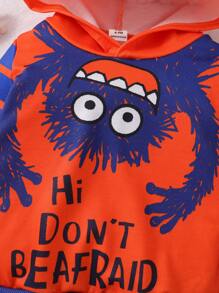 SHEIN 2pcs/Set Baby Boys Monster Patchwork Hoodie Sweatshirt And Pants Outfit, Navy Blue And Orange, For Casual Wear, Outdoor, Home And Sports, Knit Cuffs And Hem Design, Monster Graphics On Front - Blue - View 5