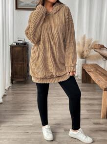 SHEIN LUNE 2 件大码纯色长袖连帽衫和裤子休闲套装冬季服装 - 卡其色 - 查看 10