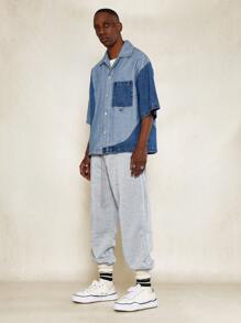 SUMWON Boxy Fit Short Sleeve Two Tone Curvy Denim Shirt - Blue - View 4