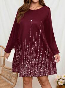 SHEIN LUNE Đầm cổ tròn tay dài họa tiết ngôi sao cỡ lớn cho nữ, mặc thường ngày và ngày lễ, váy lấp lánh - Màu Đỏ Sâu - Xem 3