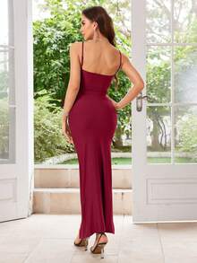 MUXXN 复古 1950 年代细肩带鸡尾酒会舞会礼服、半正式礼服，适合生日、婚礼嘉宾、毕业典礼、晚宴、返校节 - 酒紅色 - 查看 2