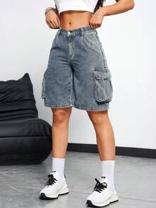 SHEIN EZwear 夏季休闲牛仔工装短裤 - 深色水洗藍 - 查看 5