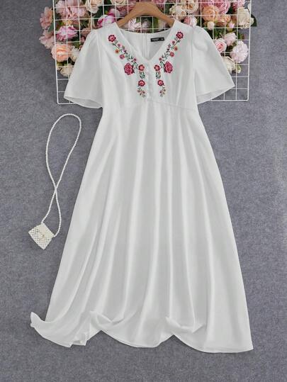 Seusyu Vestido de verano de talla grande con cuello en V, bordado floral y mangas cortas, árabe