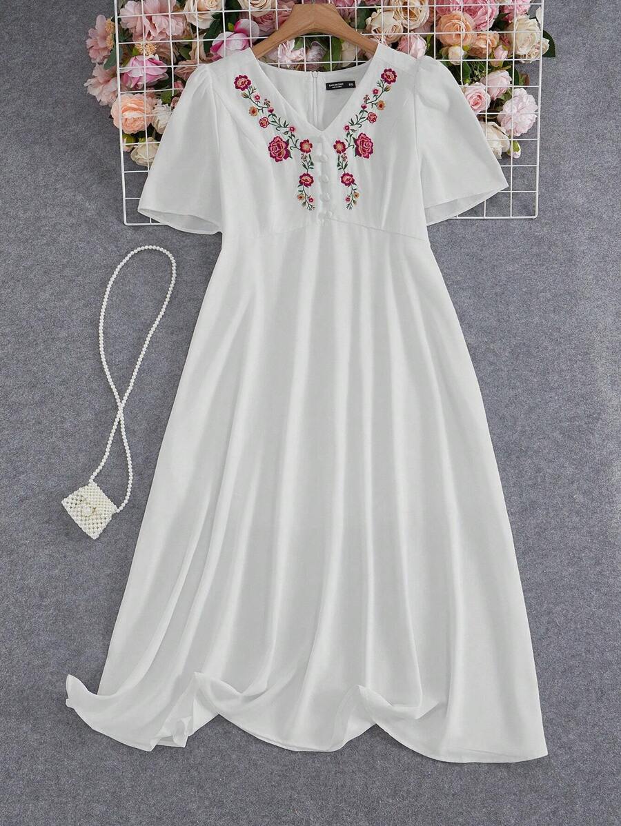 Seusyu Plus Size V-Neck Floral Embroidery Summer Short Sleeve Dress, Arabic - White - View 1