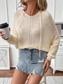 SHEIN LUNE Women's Solid Color Raglan Sleeve Drawstring Hooded Casual Sweater, Autumn/Winter, Knit Pullover Fall - Apricot - View 4