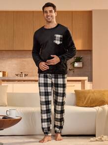 Manfinity Underwear&Sleepwear Basics 2 piezas Conjunto de prendas de estar en casa para hombre de cuello redondo de unicolor, de manga larga, con parche, estilo simple