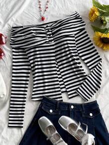 Soleia Blusa de manga larga a rayas blancas y negras, informal y adorable con hombros descubiertos, para mujer de talla grande, para vacaciones, graduación o regreso a la escuela