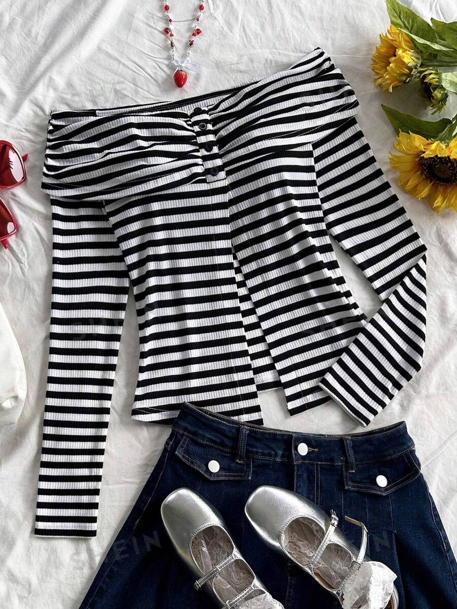 Soleia Blusa de manga larga a rayas blancas y negras, informal y adorable con hombros descubiertos, para mujer de talla grande, para vacaciones, graduación o regreso a la escuela