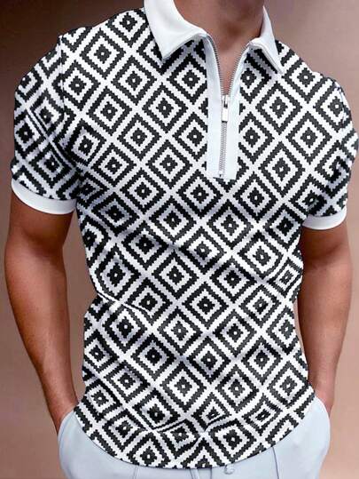 Manfinity Homme Men's Casual Geometric Print Polo Shirt For Summer