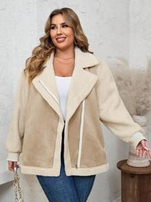 SHEIN LUNE Chaqueta informal de moto de manga larga con cuello de solapa y bloque de color para mujer de talla grande para otoño e invierno, ropa de invierno