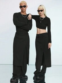 Manfinity UZERO 2入組男士鬆身編織休閒褲和直筒西褲，中腰長款，適合春夏穿著 - 黑色 - 查看 1