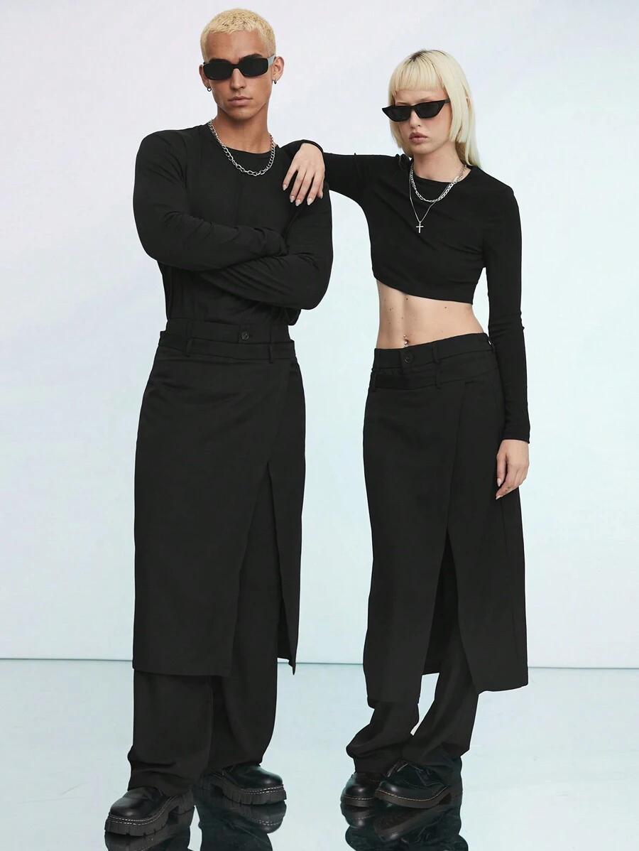 Manfinity UZERO 2入組男士鬆身編織休閒褲和直筒西褲，中腰長款，適合春夏穿著 - 黑色 - 查看 1