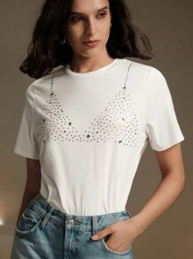 Anewsta Women's Summer Rhinestone Printed Casual Crew Neck Short Sleeve T-Shirt - White - View 3