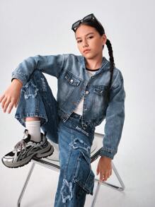 SHEIN Tween Girls Casual Loose Fit Hooded Washed Denim Jacket, Versatile Spring & Autumn Design - Medium Wash - View 4