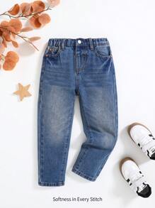 Cozy Pixies Young Boys Casual Retro Distressed Basic Cat Whiskers Washed Loose Fit Blue Denim Tapered Pants,Casual Suitable For Young Boys Fall/Winter Clothes