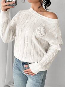 SHEIN LUNE Pull femme à col rond, épaules tombantes, manches longues, avec application florale. Automne et hiver, tricot pull - Blanc - Voir 4