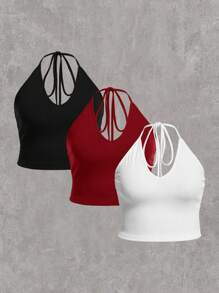 SHEIN EZwear 大码女式休闲针织挂脖背心，夏季 - 玫瑰紅 - 查看 1