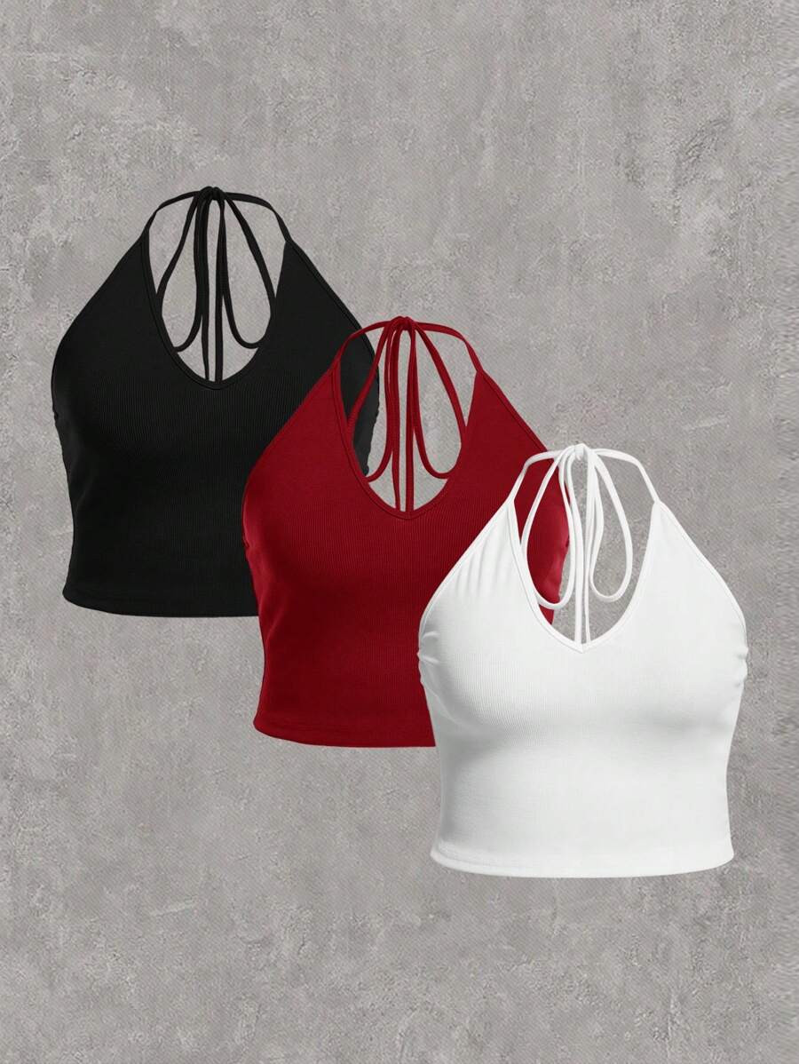 SHEIN EZwear 大码女式休闲针织挂脖背心，夏季 - 玫瑰紅 - 查看 1