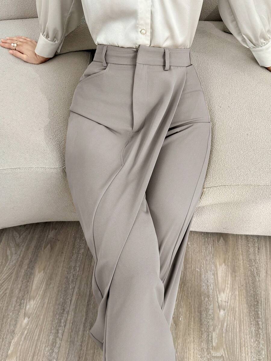 Modelyn Women's Solid High Waist Elegant Work Pants - Grey - View 1