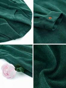 欧美爆款简约翻领纯色法式复古女装束腰连衣裙Y2K秋冬灯芯绒西装领长袖显瘦口袋天鹅绒女士中长款连衣裙 - 墨綠色 - 查看 8