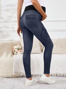 SHEIN Adjustable Waist Maternity Tight-Fit Casual Denim Pants With Pockets,Stretchy Knit Jeans - Medium Wash - View 2