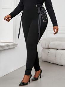 SHEIN Lady 秋冬优雅黑色针织系带长款大码打底裤 - 黑色 - 查看 3