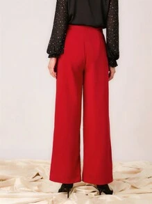 SHEIN LUNE 女士纽扣腰带口袋时尚直腿休闲优雅长裤 - 紅色 - 查看 2