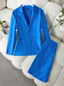 SHEIN Lady 2 件套亮蓝色西装外套和短裤，优雅的工作装 - 藍色 - 查看 3