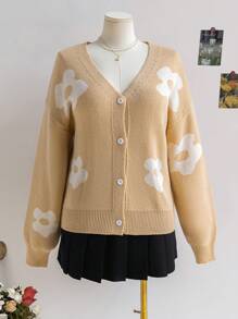 Soleia Plus Size Women V-Neck Button Front Loose Floral Textured Cardigan In Beige And White - Khaki - View 1