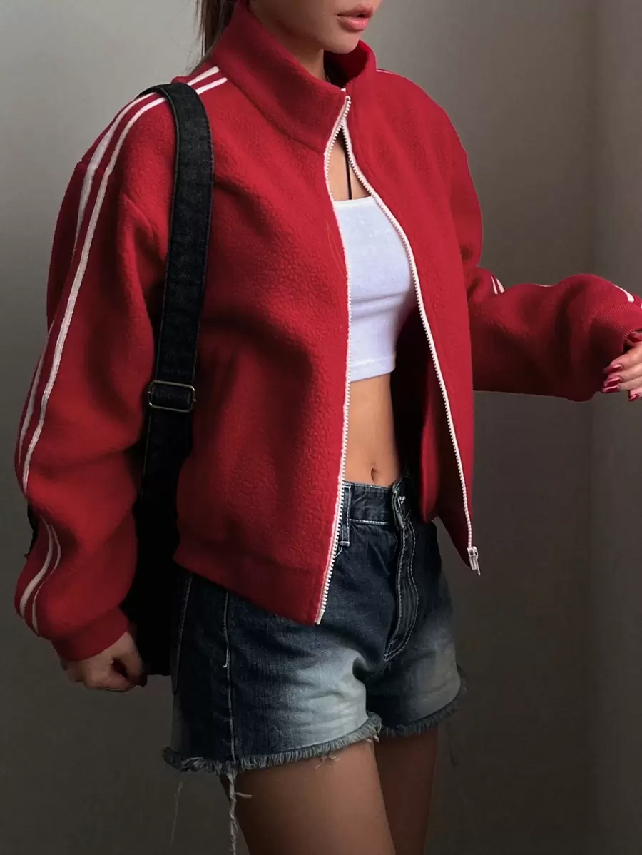 DAZY 女士休闲蓬松内衬外套，饰有缎带，秋冬季女装外套 - 紅色 - 查看 1