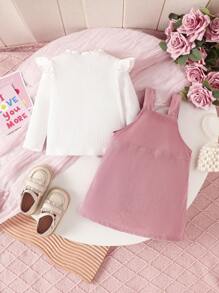 2pcs/Set Baby Girls Spring Summer Solid Color Round Neck Long Sleeve Ruffle Splice Top & Letter Print Suspender Skirt Casual Outfit