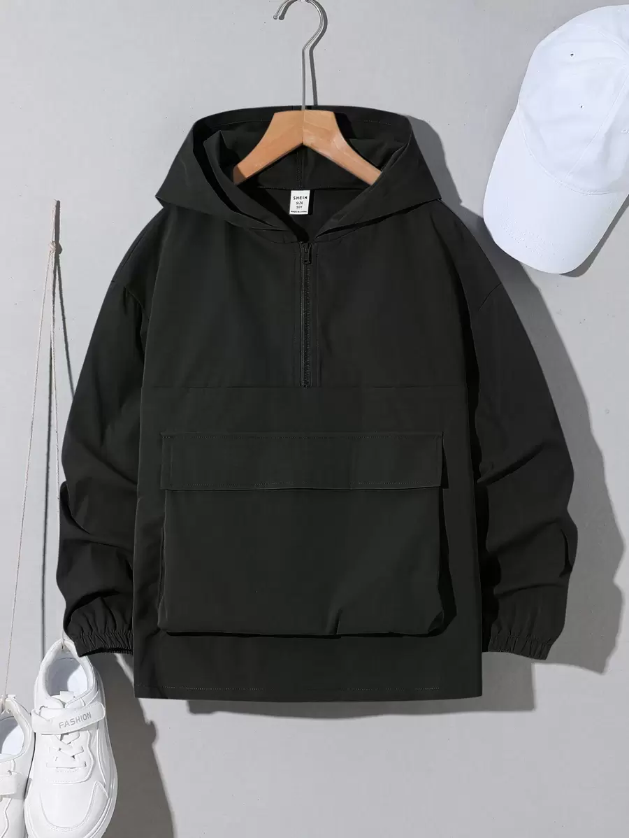 SHEIN 儿童/青少年男童休闲连帽半拉链口袋宽松套头夹克,纯色中等重量,适合日常休闲、旅行、运动、春夏/秋冬 - 黑色 - 查看 1